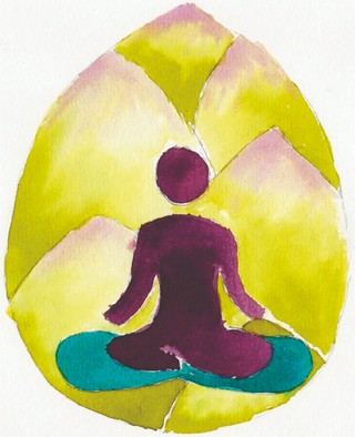 Aquarelle : silhouette en posture de méditation dans un lotus stylisé — cliquer pour les infos pratiques